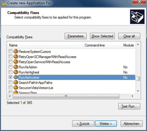 Compatibility Fixes: Die Option „runAsInvoker“ bewirkt, dass das gewünschte Programm ohne Sicherheitsabfrage startet (Bild 8).