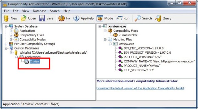 Whitelist mit dem Application Compatibility Toolkit erstellen: Alle hier eingetragenen Programme, im Beispiel Xnview, starten ohne Bestätigung mit Administratorrechten (Bild 9).
