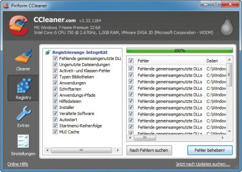 Registry säubern: Das Tool Ccleaner 2.33 durchsucht die Registry nach Fehlern und behebt sie automatisch (Bild 5).