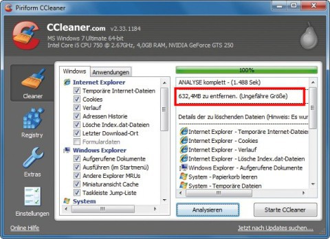 Ccleaner: Das Programm hat das System analysiert und kann 632,4 MByte Datenmüll wegschaffen (Bild 8).