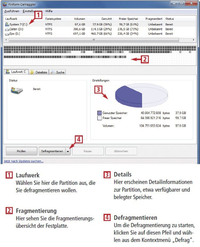 Defraggler defragmentiert die Festplatte schnell und ordentlich (kostenlos, www.piriform.com). Wichtige Dateien werden auf Wunsch an den Plattenanfang platziert (Bild 2).