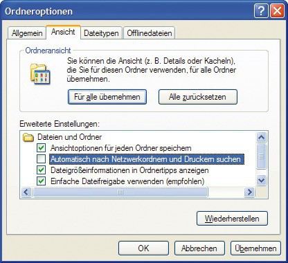 Windows-Netzwerke: Unter XP verzögert die Suche nach freigegebenen Ressourcen den Windows Start. Schalten Sie sie ab (Bild 11).