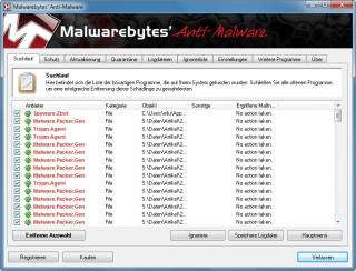 Suchergebnis: Anti-Malware hat Schadprogramme entdeckt. Ein Klick auf „Entferne Auswahl“ entfernt sie von der Festplatte (Bild 10).