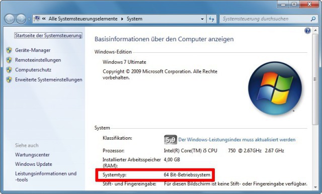 Systemtyp: Bei dieser Version von Windows 7 handelt es sich um ein 64-Bit-Betriebssystem. Das System unterstützt somit mehr als 4 GByte Arbeitsspeicher (Bild 7)