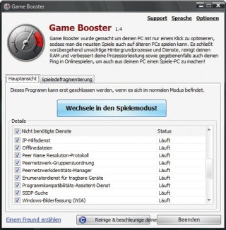 Gamebooster: Das Tool stoppt und aktiviert Tasks per Mausklick. In der Auswahlliste legen Sie fest, welche Dienste Sie vorübergehend abschalten.