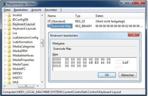 Tastenbelegung in der Registry: Ein Schlüssel in der Registry weist einer Taste eine neue Funktion zu. Diesen Schlüssel erstellen Sie von Hand oder mit der Software Key Tweak.