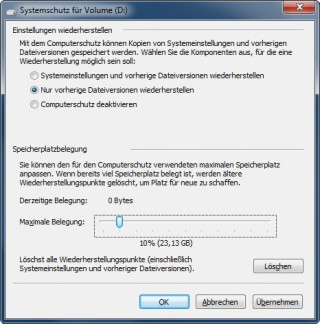 Computerschutz: Hier legen Sie fest, wie Windows das Laufwerk überwacht und wie viel Speicherplatz Windows dafür verbrauchen darf (Bild 7).