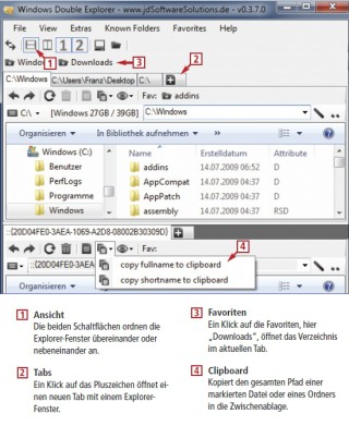 Der Windows Double Explorer (kostenlos, http://wde.codeplex.com) erweitert den Windows-Explorer um eine Vier-Fenster-Ansicht und die Unterstützung von Tabs (Bild 1).