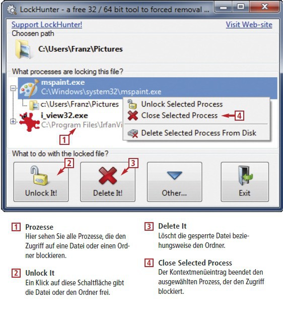 Das englischsprachige Programm Lockhunter (kostenlos, www.lockhunter.com) gibt gesperrte Dateien und Ordner frei (Bild 5).
