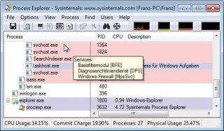 Process Explorer: Wenn Sie den Mauszeiger über einen Prozess bewegen, zeigt das Tool den Pfad oder die zuständigen Windows-Dienste an (Bild 3).