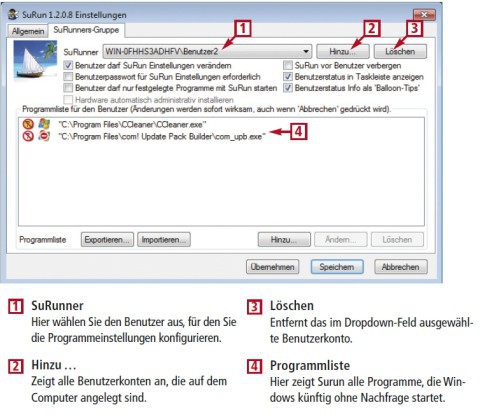 Surun (kostenlos, http://kay-bruns.de/wp/software/surun) erzeugt für jeden Benutzer eine Liste von Programmen, die ohne Nachfrage der Benutzerkontensteuerung starten dürfen (Bild 3).