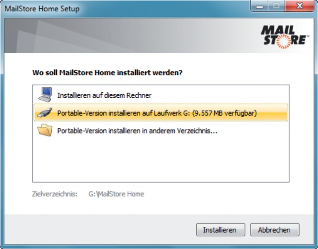 Installation auf dem USB-Stick: Mailstore Home lässt sich auch auf Ihrem Stick installieren.