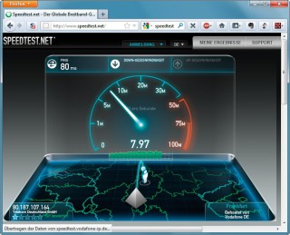LTE für unterwegs: Dieser Online-Speedtest zeigt, dass ein LTE-Testzugang der Telekom in München im Downstream fast 8 MBit/s schnell ist.