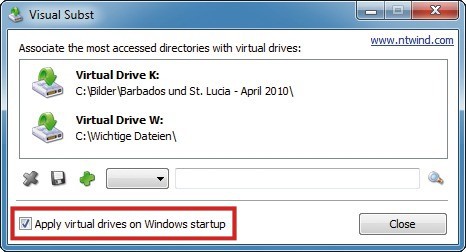 Virtual Subst: Das Tool stellt beliebige Ordner als Laufwerke zur Verfügung. Damit das automatisch geschieht, aktivieren Sie „Apply virtual drives on Windows startup“ (Bild 4).