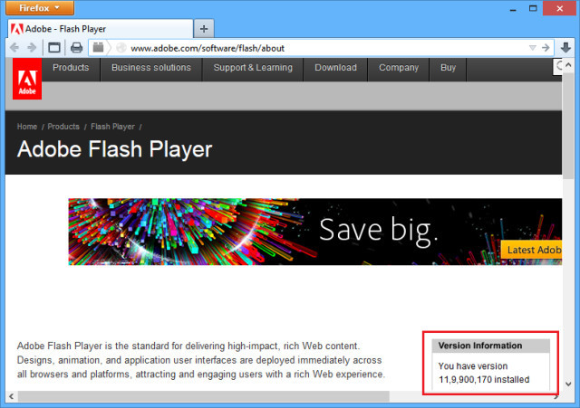 Flash-Version herausfinden: Die Webseite www.adobe.com/software/flash/about zeigt Ihnen im Kasten „Version Information“ an, welche Flash-Version bei Ihnen installiert ist.