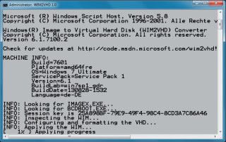 WIM2VHD in Aktion: Das Skript erstellt eine VHD, formatiert sie und installiert anschießend Ihre Windows-Version darin.