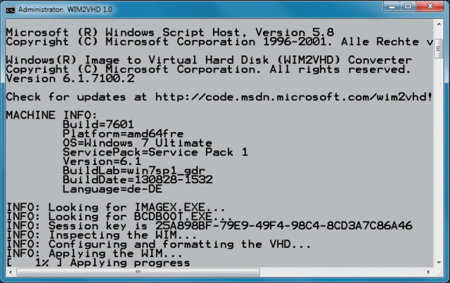 WIM2VHD in Aktion: Das Skript erstellt eine VHD, formatiert sie und installiert anschießend Ihre Windows-Version darin.