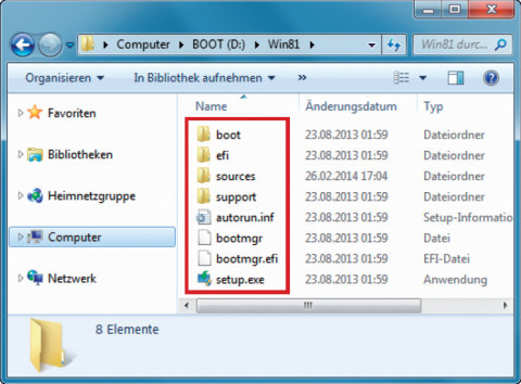 ISO-Datei entpacken: Extrahieren Sie die Setup-Dateien des ISO-Images von Windows 8.1 auf die Festplatte in den Ordner „Win81“.