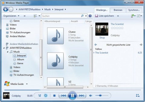 Zentrale Musikbox: Richten Sie die Festplatte an der Fritzbox als zentralen Musik-Server ein, auf den Sie dann etwa mit dem Windows Media Player zugreifen.