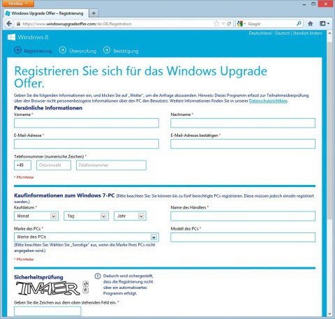 Windows 8 für 15 Euro: Jeder, der im Aktionszeitraum einen PC mit Windows 7 kauft, erhält für 15 Euro ein Upgrade auf Windows 8 Pro. Der Aktionszeitraum geht vom 2. Juni 2012 bis zum 31. Januar 2013.