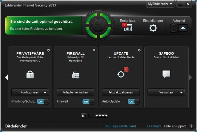 Testsieger: Bitdefender Internet Security 2013 bietet den umfassendsten Schutz und gute Übersicht. Rote Marker zeigen an, wo ein Eingreifen des Nutzers erforderlich ist.