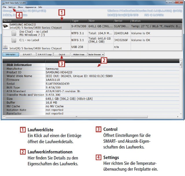So geht’s: DHE Drive Info verrät Ihnen sämtliche Daten zu den Festplatten eines PCs. Das Tool konfiguriert zudem die SMART- und Akustik-Eigenschaften eines Laufwerks.