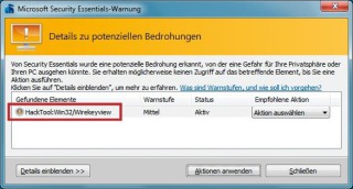 Übereifriger Virenalarm: Manche Virenscanner — hier Microsoft Security Essentials — warnen vor Tools wie Wireless Keyview, das aber keinen Schadcode enthält.