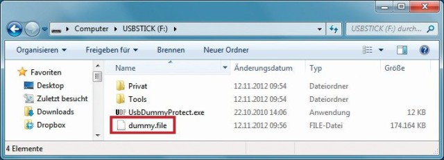 USB Dummy Protect: Das Programm erstellt die Datei „dummy.file“, die den gesamten freien Platz auf Ihrem Stick belegt. Danach kann sich kein Wurm mehr heimlich auf den Stick kopieren.