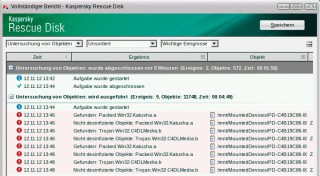 Kaspersky Rescue Disk 10: Wenn die Antiviren-CD Schädlinge auf Ihrem PC gefunden hat, sichern Sie den Scan-Bericht mit allen Virennamen mit einem Klick auf „Speichern“ auf der Festplatte.