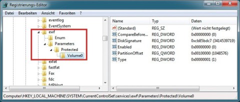 Registrierungs-Editor: Diese Registry-Einträge ermöglichen Windows 7 den Umgang mit dem EWF-Treiber, der den Schutzmodus einrichtet.