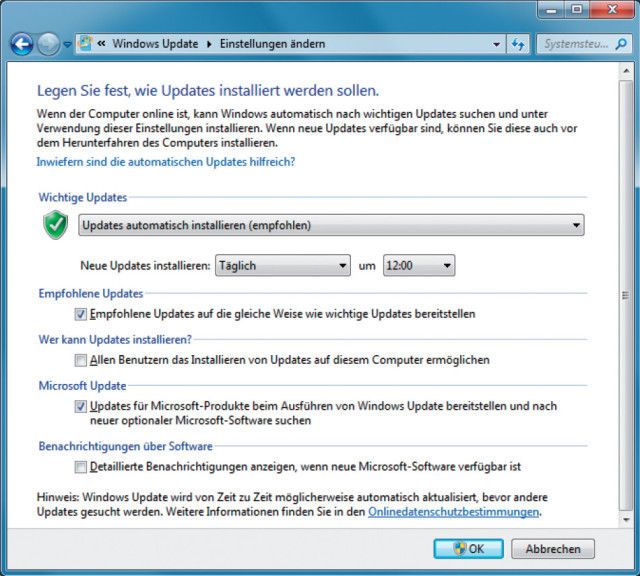Windows-Update konfigurieren: Im Einstellungsdialog legen Sie fest, wie die Updates heruntergeladen werden sollen und wann Sie installiert werden.
