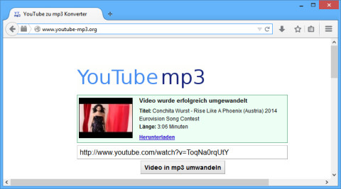 Conchita Wurst als MP3: YouTube-MP3.org macht aus YouTube-Videos in wenigen Augenblicken eine MP3-Datei –  in diesem Beispiel von der diesjährigen Gewinnerin des Eurovision Song Contest.