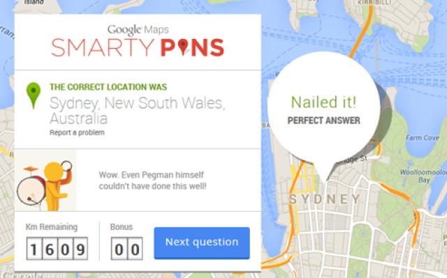 Beim kurzweiligen Mini-Spiel Smarty Pins von Google beantworten Sie Fragen aus mehreren Kategorien. Als Antwort markieren Sie den entsprechenden Ort auf einer Weltkarte.