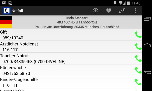 Mobile Notruf-App für Notfälle: Die Android-App listet auch die Giftzentrale, den Taucher-Notruf und die Rufnummer der Küstenwache.