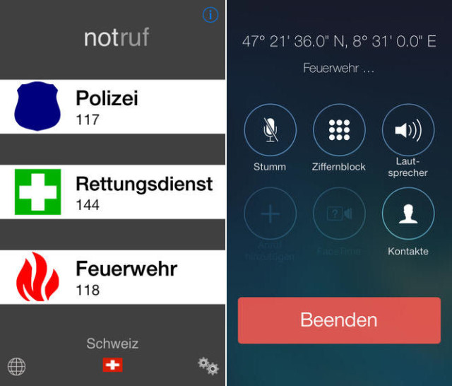 Notruf überall: Die App für Apples iPhone ermittelt den Standort des Nutzers und listet dann die Notrufnummern von Polizei, Rettungsdienst und Feuerwehr.