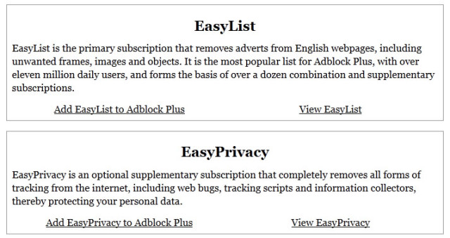 Erweiterung hinzufügen: Die erweiterten Filterlisten integrieren Sie über die Links "Add EasyList to Adblock Plus" und "Add EasyPrivacy to Adblock Plus" in Adblock Plus.