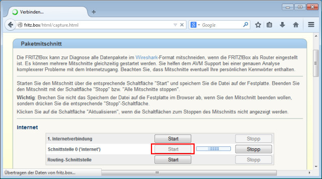 Datenpaket-Aufzeichnung: Mit einem Klick auf Start, zeichnet die Fritzbox den Internetdatenverkehr auf.