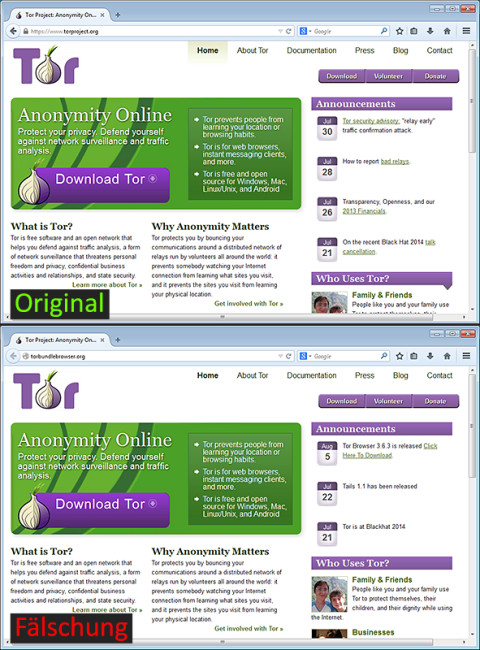 Vergleich: Originale und gefälschte Tor-Webseite sind nur anhand der Webadresse eindeutig unterscheidbar.