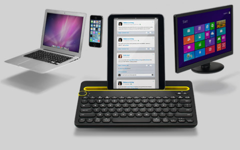Schnelles Tippen auf jedem Gerät ermöglicht Logitechs neue Tastatur K480. Sie verbindet sich per Bluetooth mit Smartphone, Tablet und Computer und wechselt zwischen ihnen per Drehrad.  