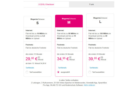 MagentaZuhause-Tarife: Die Tarife bietet die Telekom in S-, M- und L-Paketen an, die sich mit Zusatzoptionen auf Wunsch upgraden lassen.