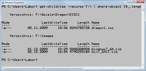 get-childitem: Der Befehl durchsucht das Laufwerk „F:\“ nach Dateien, die größer sind als 4 GByte. Die Funde werden sortiert und absteigend am Bildschirm angezeigt. Ergebnis: Die größte Datei ist „dragon1.iso“ mit über 8 GByte. Danach kommen zwei Backup-D