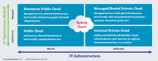 Das Cloud-Modell im Überblick: Zwei Parameter definieren die unterschiedlichen Varianten der Cloud-Services: Das Betreibermodell (selbst oder gemanagt) und die Nutzung der Infrastruktur (allein oder mit anderen Kunden zusammen).