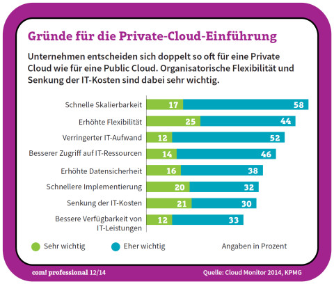 Gründe für die Private-Cloud-Einführung: Unternehmen entscheiden sich doppelt so oft für eine Private Cloud wie für eine Public Cloud. Organisatorische Flexibilität und Senkung der IT-Kosten sind dabei sehr wichtig.