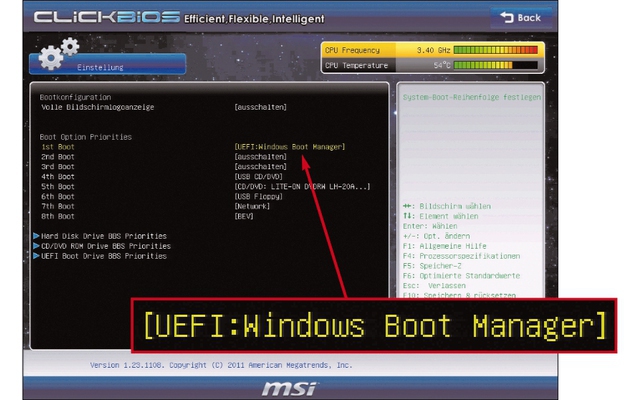 UEFI bootet Windows schneller: Bei PCs mit UEFI wird statt der Festplatte der Bootloader Windows Boot Manager als Startlaufwerk eingetragen. Dadurch startet Windows schneller (Bild 5).