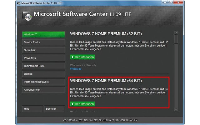 Microsoft Software Center lite: Nur die 64-Bit-Version von Windows 7 unterstützt UEFI. Das Microsoft Software Center Lite lädt das passende ISO-Image von Windows 7 herunter (Bild 3).