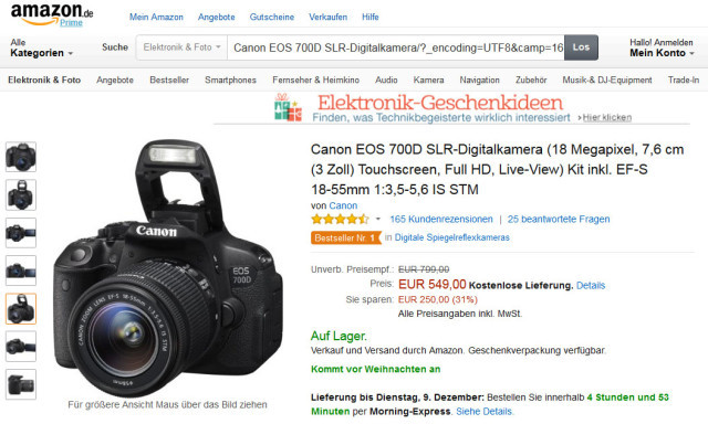 Amazon Bestseller: In der Kategorie "Digitale Spiegelreflexkameras" verkauft sich die Canon EOS 700D SLR derzeit am besten.