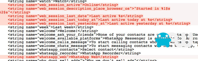 Hinweise im Code: Die Textzeile "WhatsApp Web" lässt auf einen geplanten Web-Client für WhatsApp schließen.