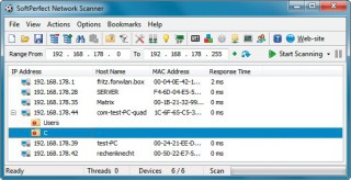 Netzwerkteilnehmer: Ein IP-Scan zeigt alle Netzwerkgeräte und die Freigaben des eigenen PCs an.