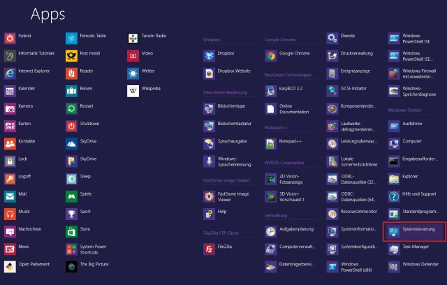 Alle Apps: In dieser Ansicht zeigt Windows 8 neben den Apps auch alle Systemprogramme an, zum Beispiel die Systemsteuerung.