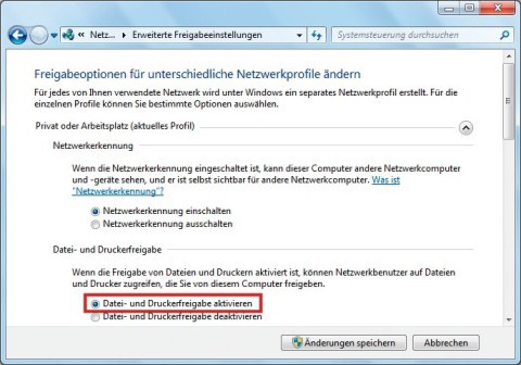 Windows-Freigabe aktivieren: Damit Sie Ihren Drucker im Netz freigeben können, müssen Sie hier unter Windows erst die Datei- und Druckerfreigabe aktivieren.